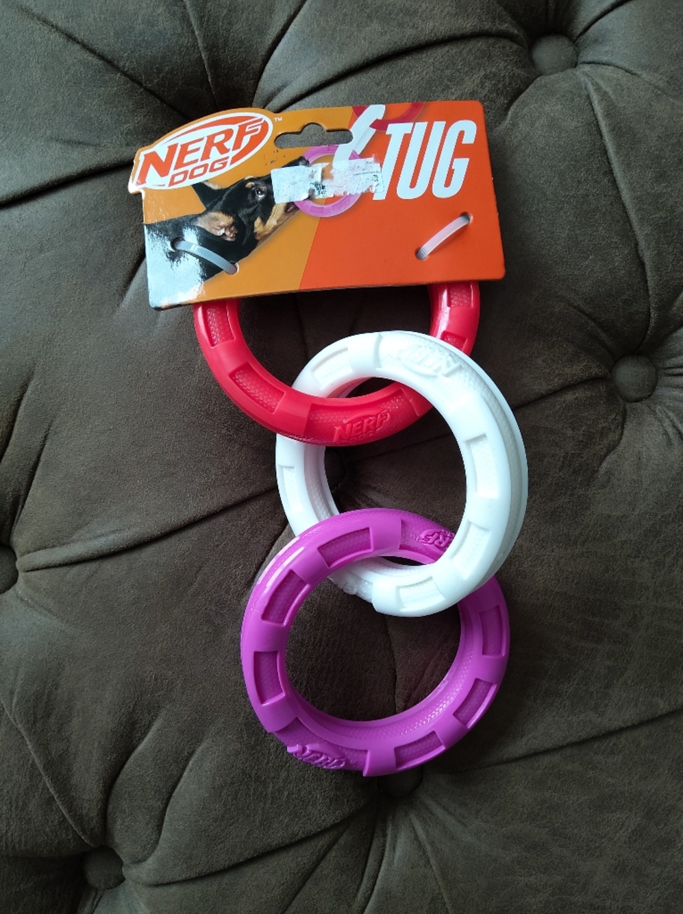 Nerf Tug Triple Ring Dog Toy - Pink, White, Red